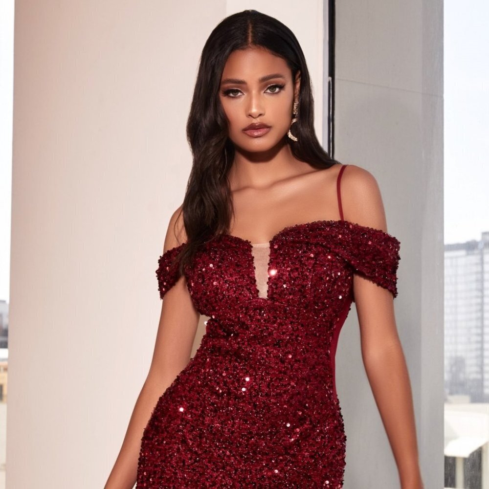 NEW LONG OFF THE SHOULDER SLEEVELESS MERMAID EMBROIDERED SEQUIN DRESS CD975